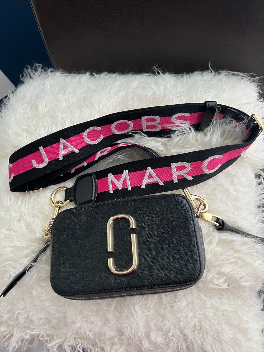 Marc Jacobs Black Snapshot Camera Bag with Pink Logo Strap